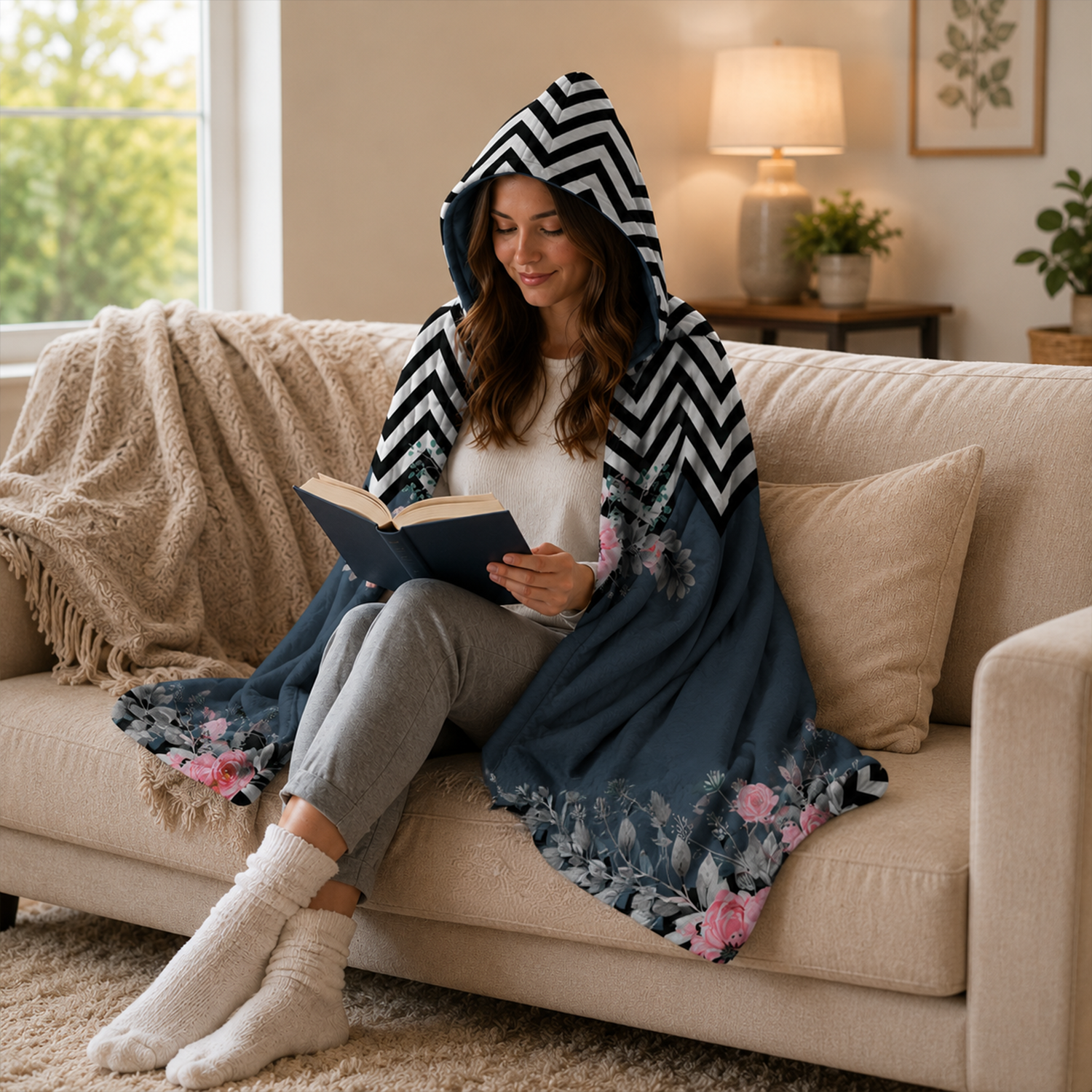 Custom name hooded wearable blanket in deco eco Minky fleece for nature loving women
