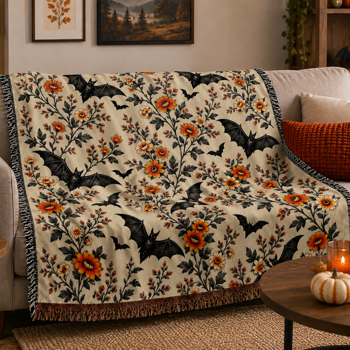 Neutral Bat Halloween Woven Throw Blanket | Boho Fall Home Decor Gift