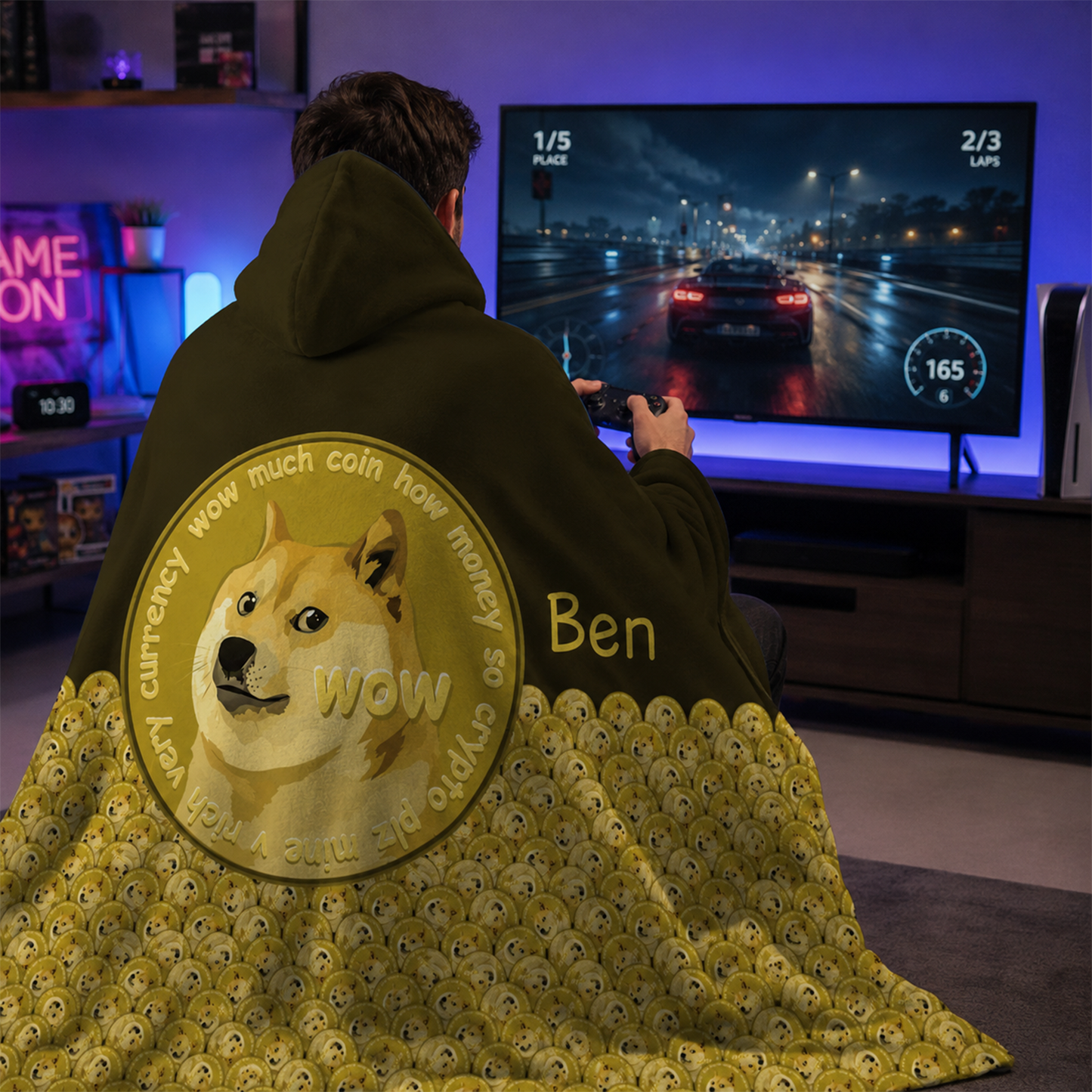 Custom name on classic Dogecoin Shiba Inu Minky fleece hooded wearable blanket

