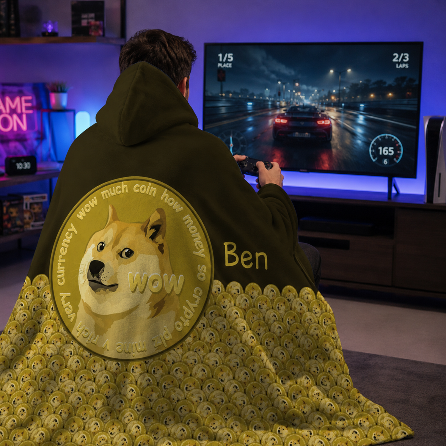 Custom name on classic Dogecoin Shiba Inu Minky fleece hooded wearable blanket
