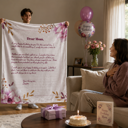 Custom message on pink floral polyester fleece throw blanket for Mothers Day and her
