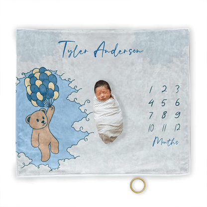 Baby boy wrapped in personalized blue bear balloons milestone blanket as shower gift
