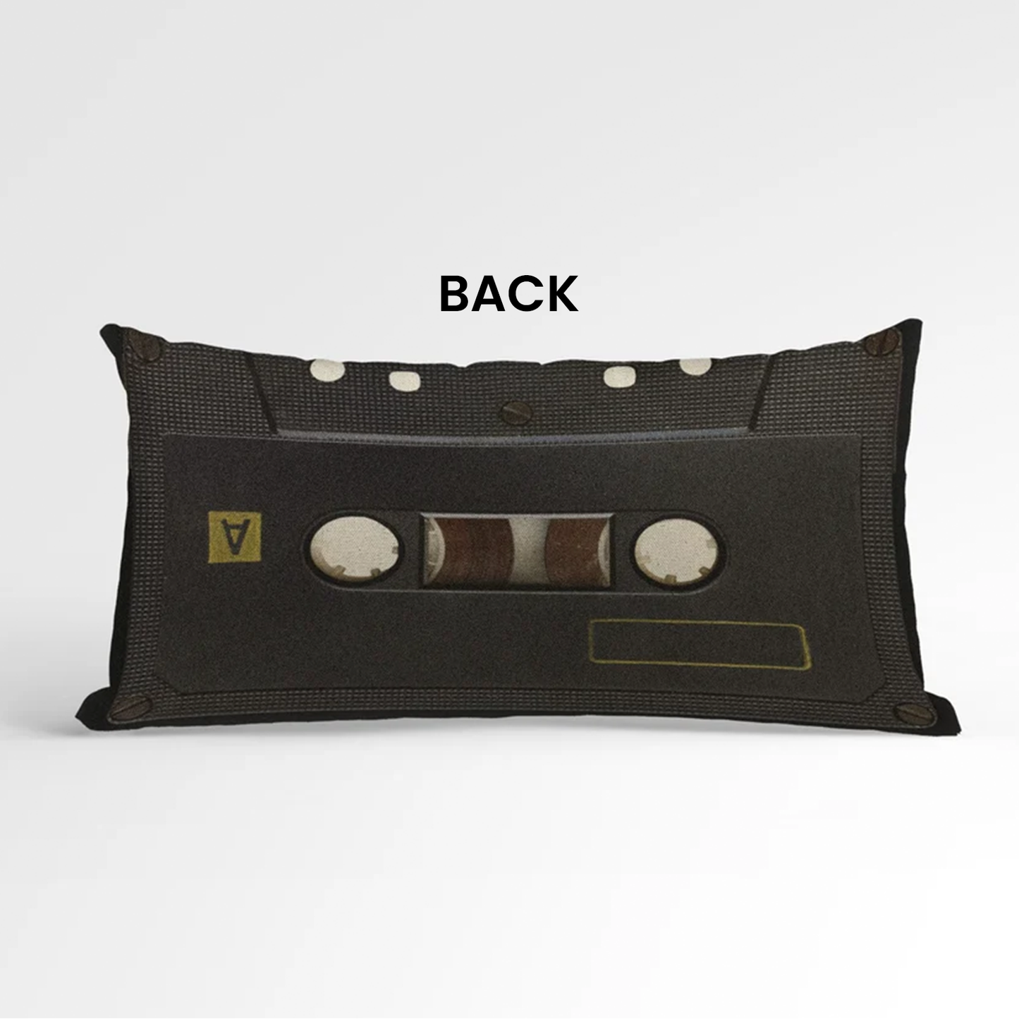 Personalized cassette tape pillow on couch showing full retro cotton cover design
