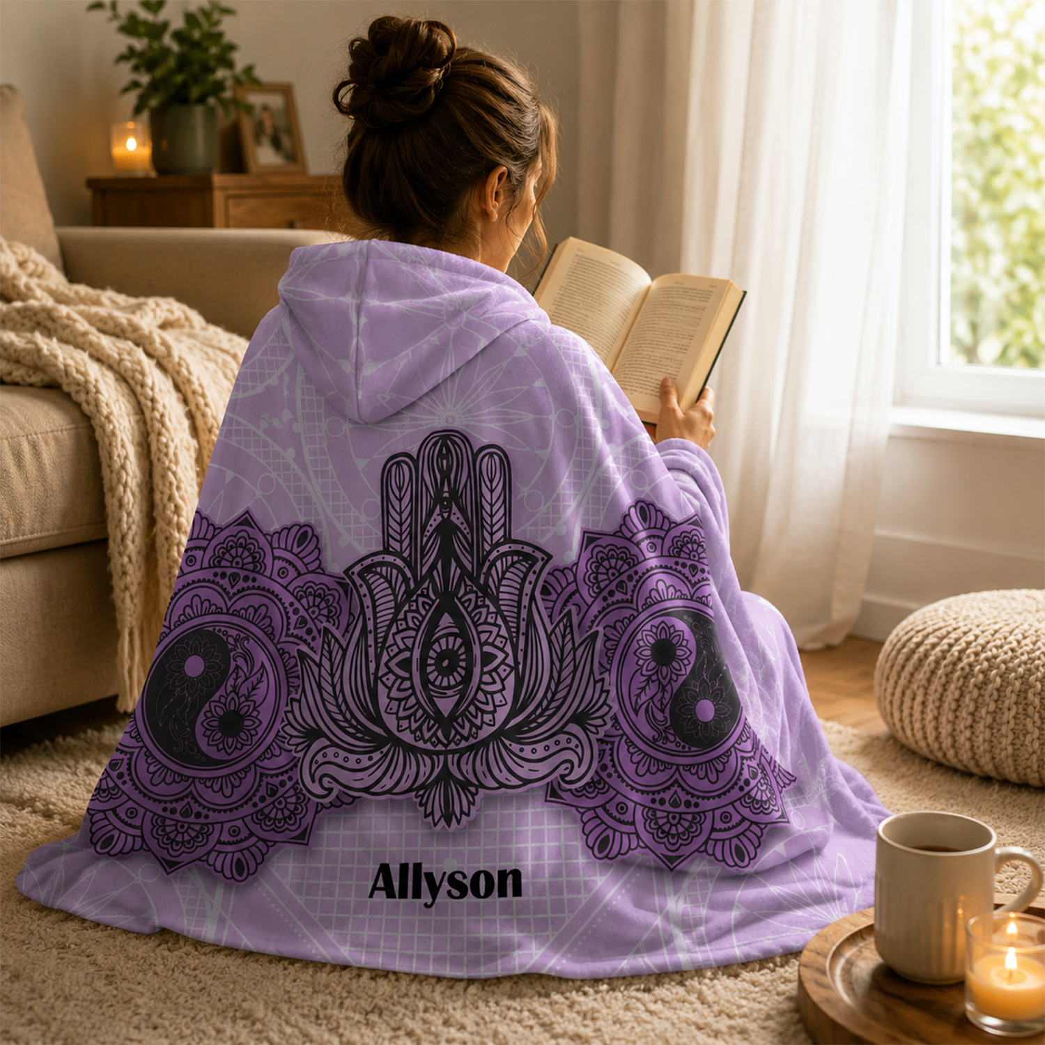Person wearing personalized third eye hooded blanket as meaningful birthday gift
