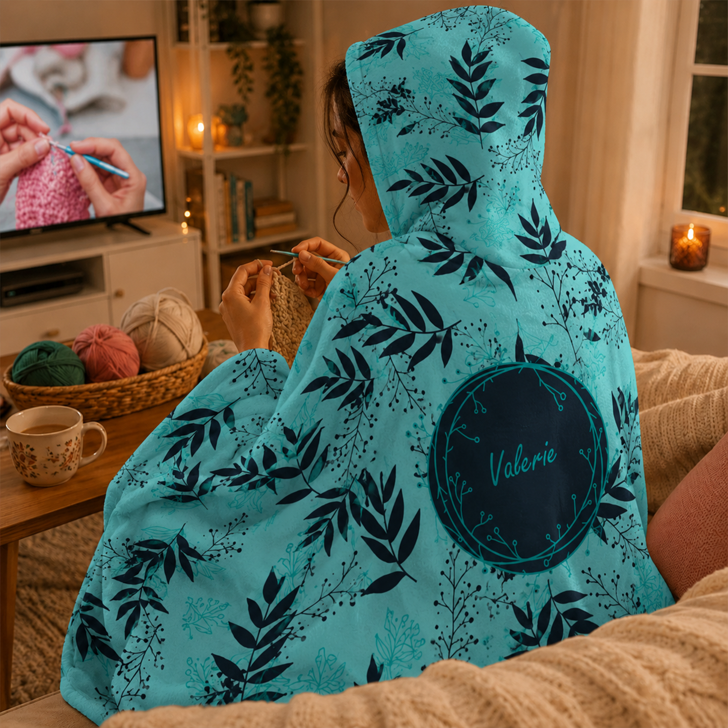 Close-up of custom name on floral winterberry Minky fleece hooded wearable blanket
