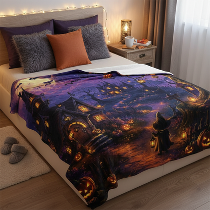 Haunted House and Witch Halloween Throw Blanket for Spooky Fall Home Decor