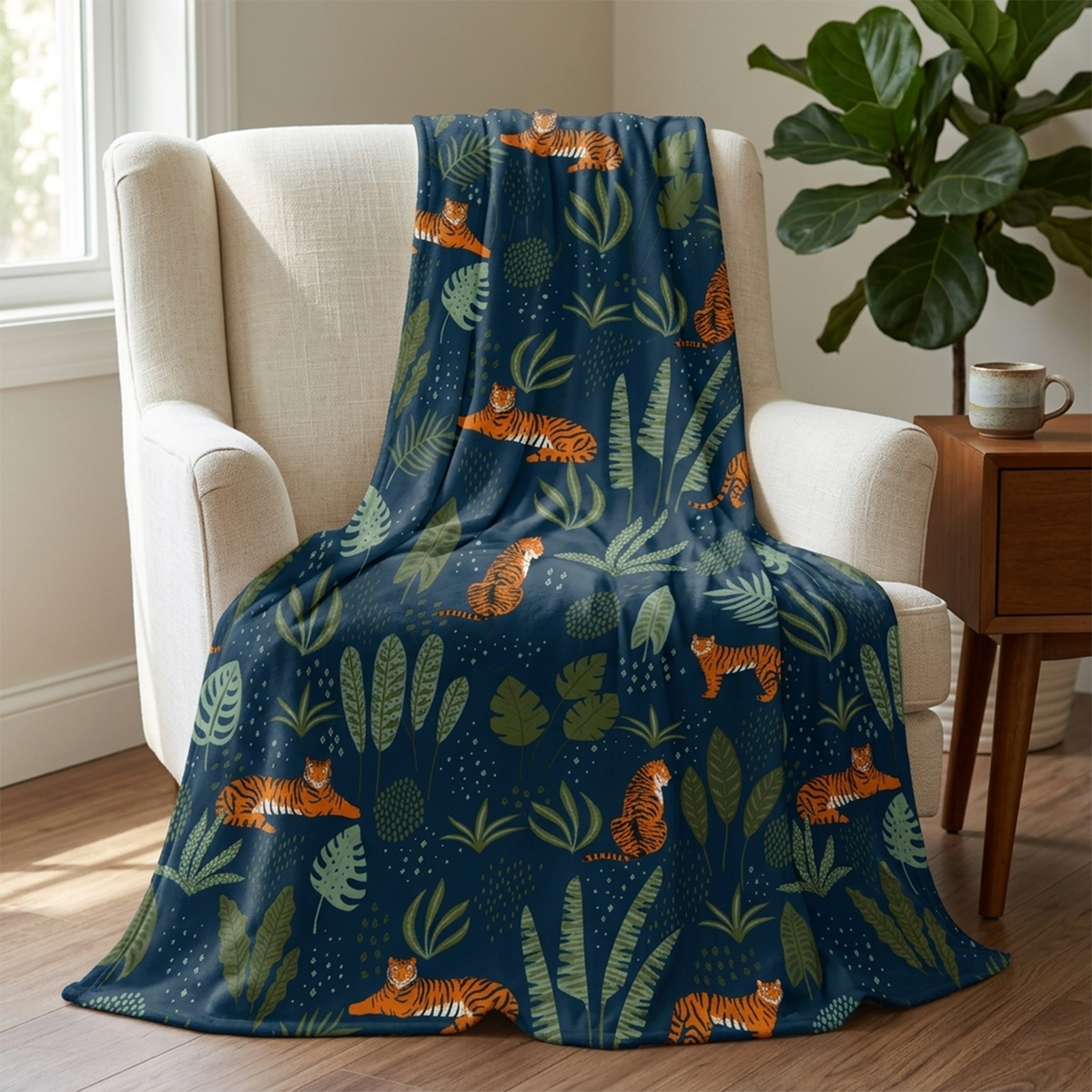 Bold jungle tiger polyester fleece throw blanket for animal print home decor lovers

