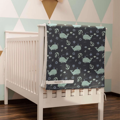 Blue Sea Creature Baby Blanket | Personalized Whale and Ocean Fleece Gift for Baby Shower