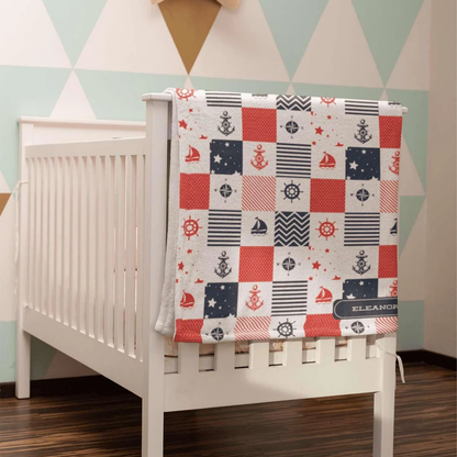 Custom name on sailor nautical fleece baby blanket as classic baby boy shower gift
