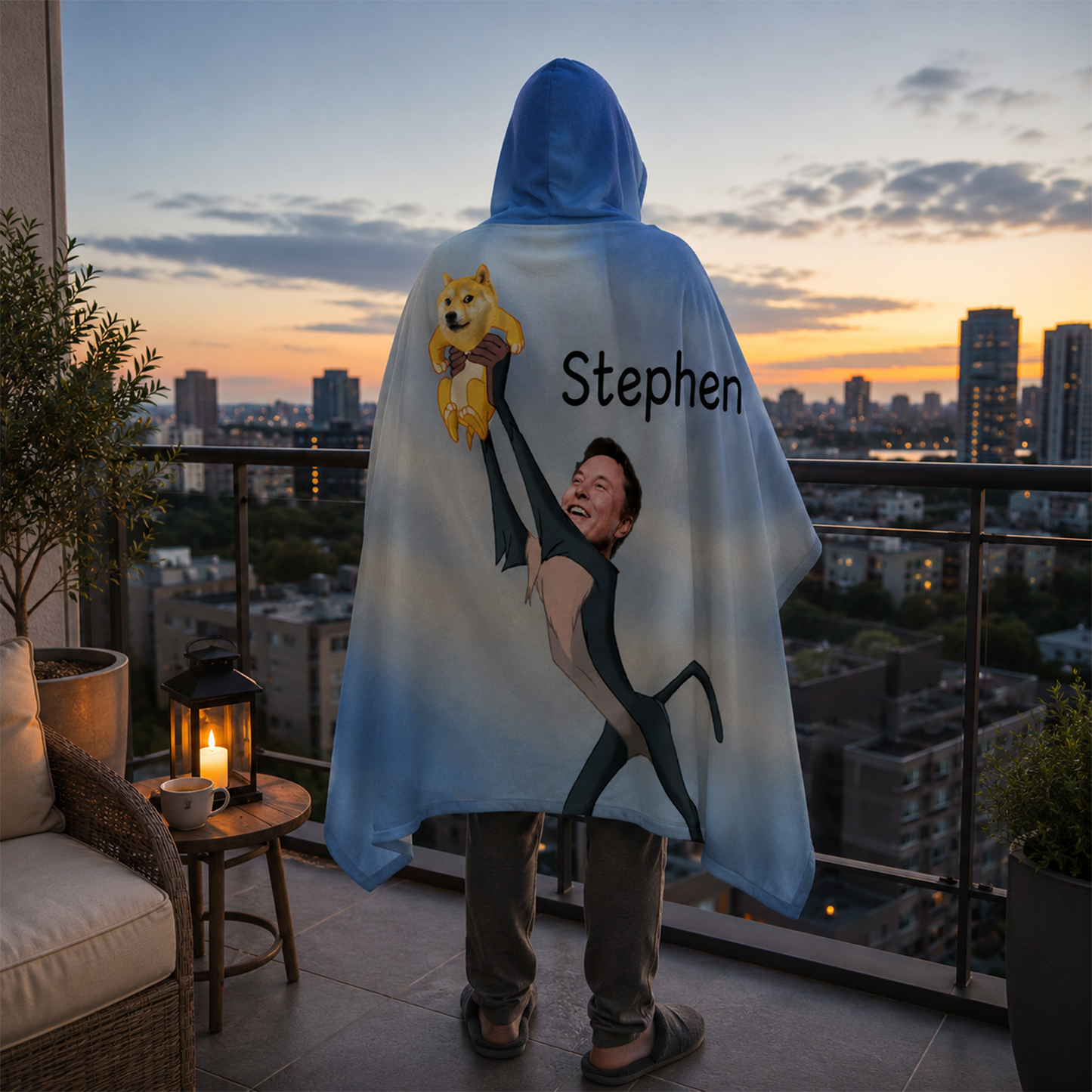 Custom name on Dogecoin Shibu King Minky fleece hooded wearable blanket for crypto fans
