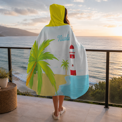 Person wearing personalized south beach hooded blanket as meaningful birthday gift
