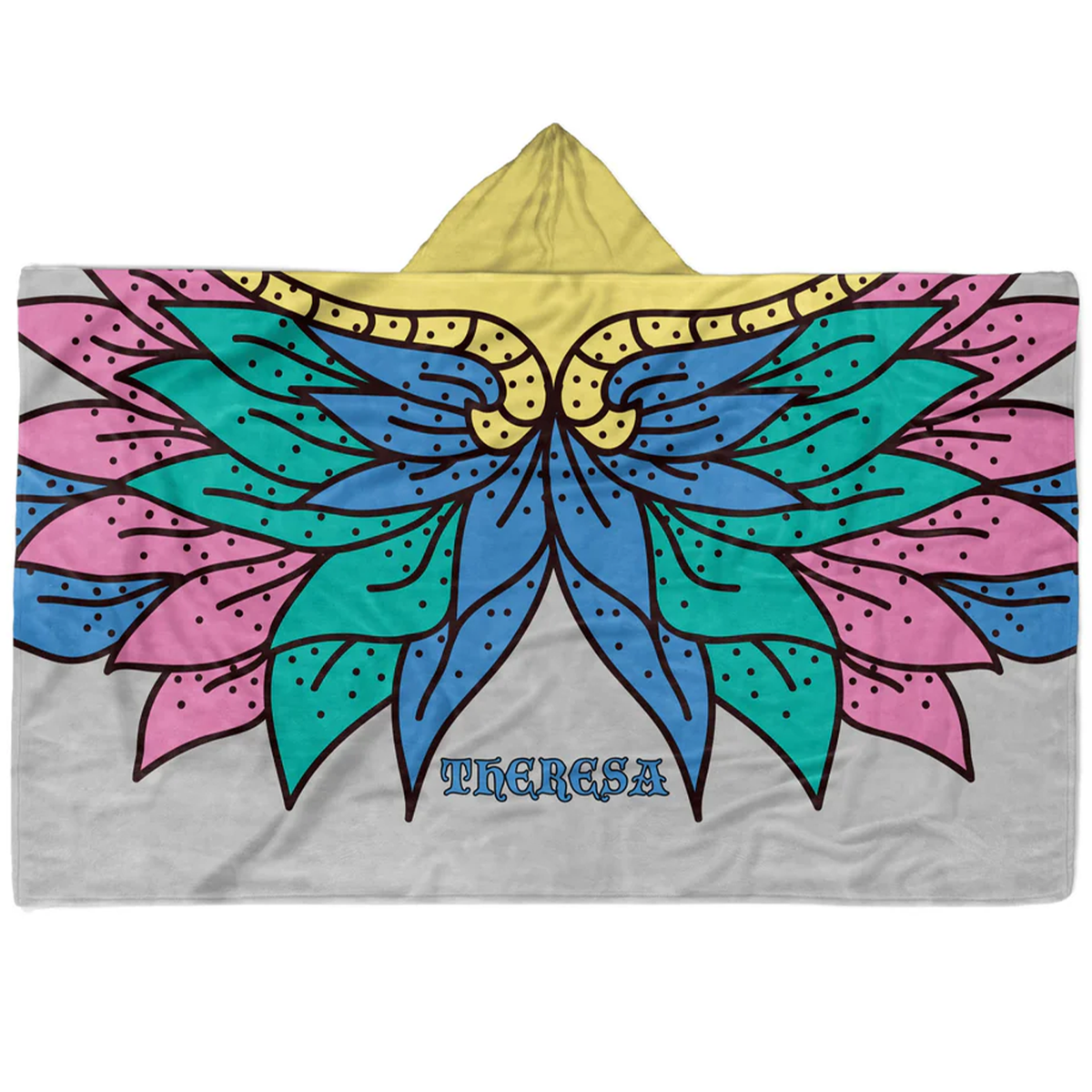 Close-up of custom name on floral wings Minky fleece hooded wearable blanket
