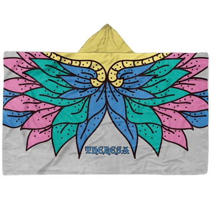 Close-up of custom name on floral wings Minky fleece hooded wearable blanket
