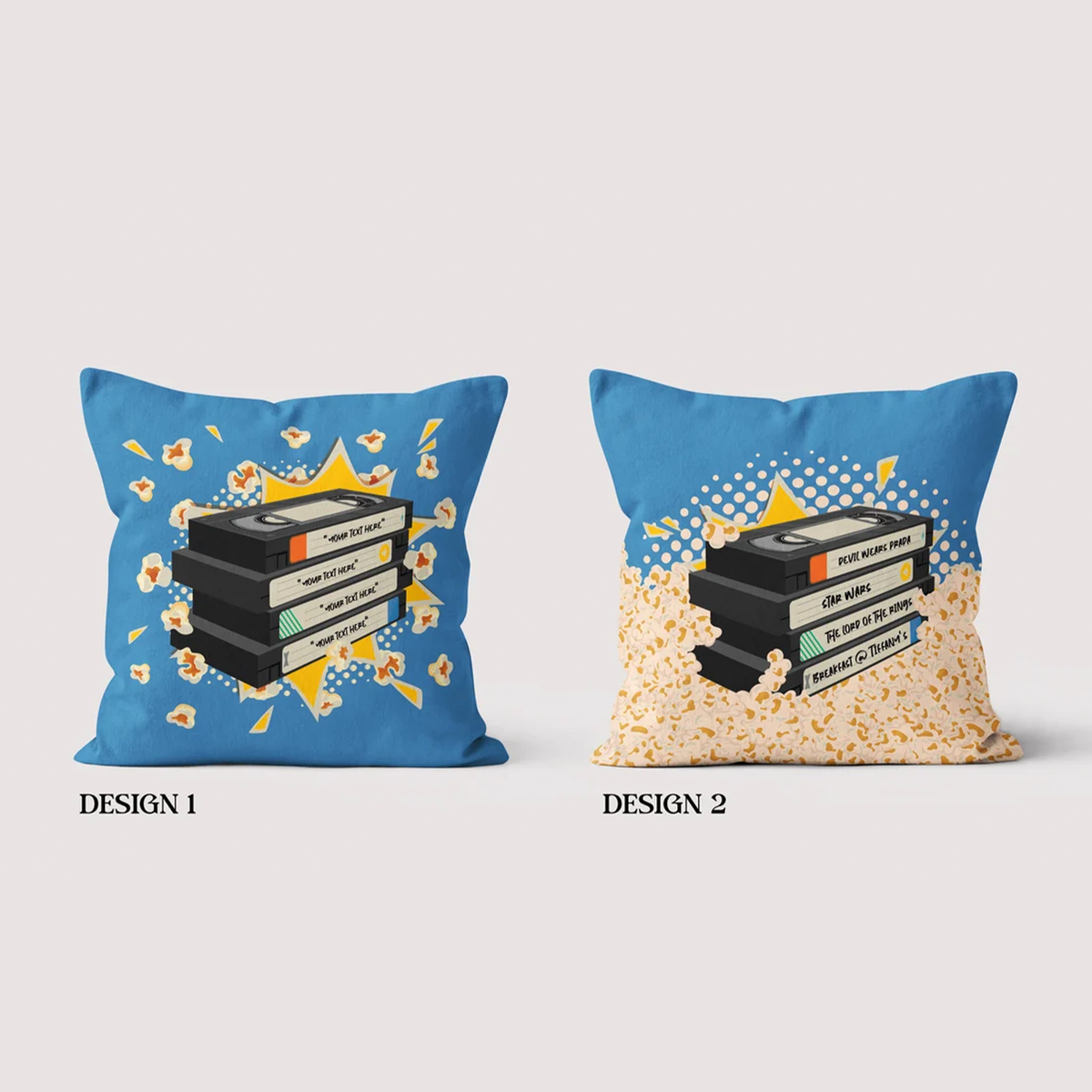 Custom movie titles on retro VHS stack cotton throw pillow for film lovers
