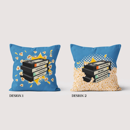 Custom movie titles on retro VHS stack cotton throw pillow for film lovers
