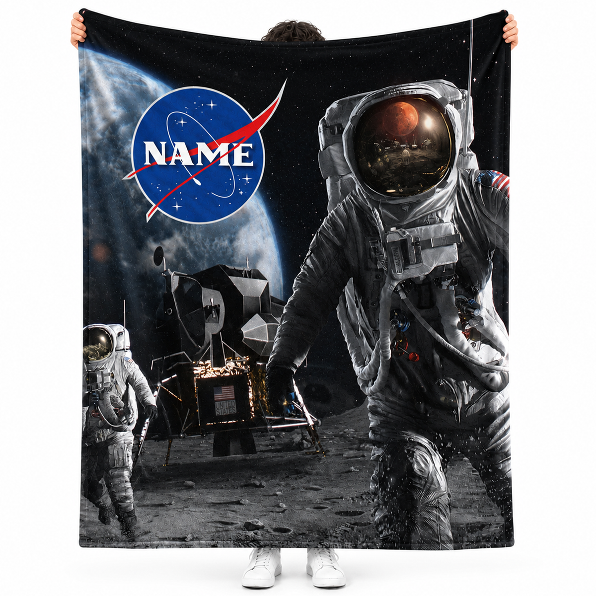 Custom name on man on the moon polyester fleece throw blanket for astronomy lovers

