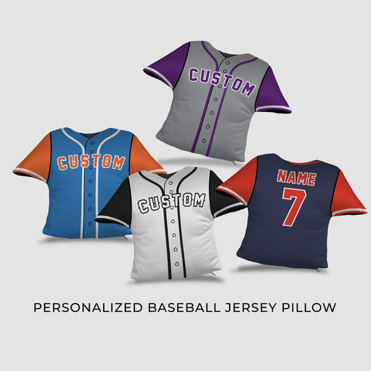 Baseball jersey personalized throw pillow showing custom name number and team design