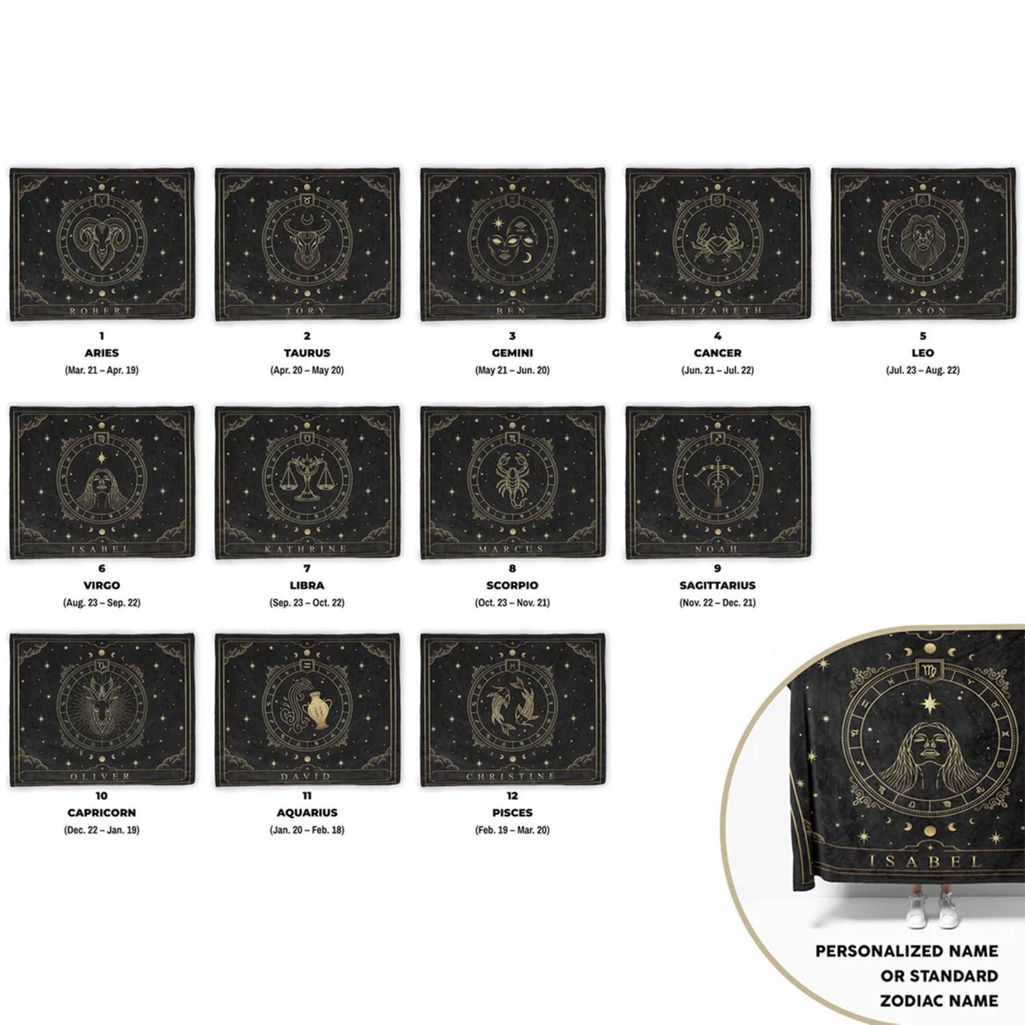 Custom name and zodiac star sign on polyester fleece personalized throw blanket
