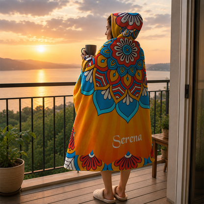 Person wearing personalized mandala hooded blanket as meaningful birthday gift
