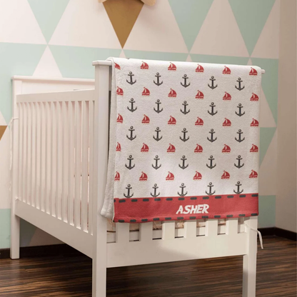 Custom name on anchor print nautical fleece baby blanket as classic baby shower gift
