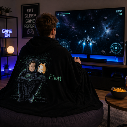 Custom name on Dogecoin astronaut Minky fleece hooded wearable blanket for Doge lovers
