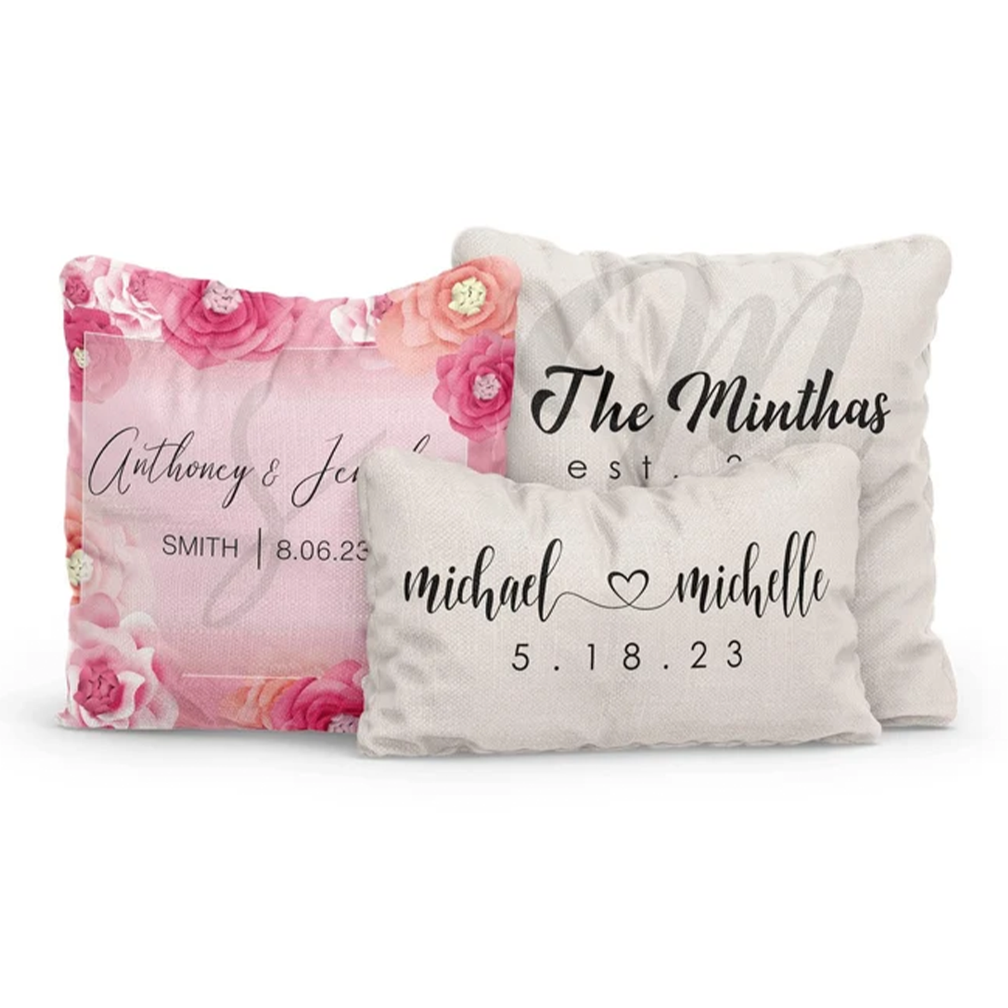 Close-up of custom monogram on wedding cotton lumbar pillow 
