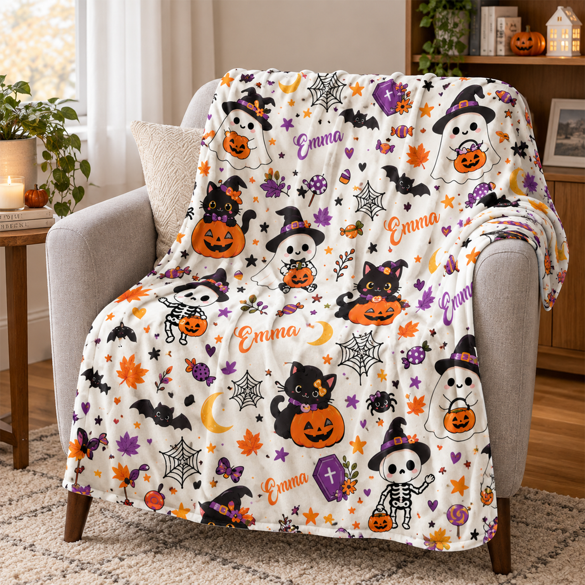 Personalized Halloween Name Throw Blanket for Kids | Custom Ghost & Pumpkin Throw