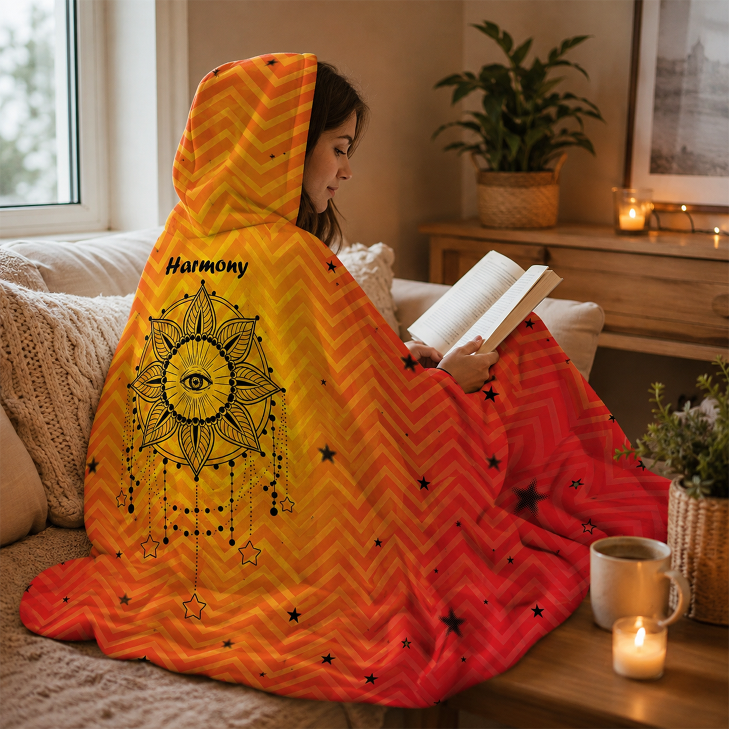 Person wearing personalized mystic sight hooded blanket as meaningful birthday gift
