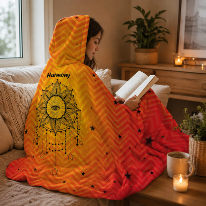 Person wearing personalized mystic sight hooded blanket as meaningful birthday gift
