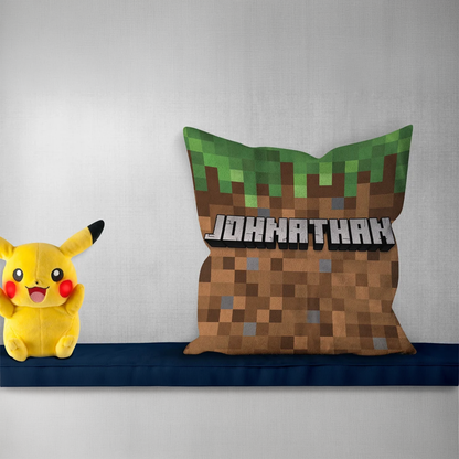 Pixel art personalized throw pillow with custom name in retro gaming design for kids
