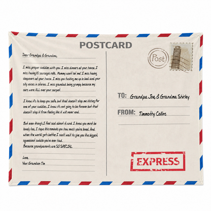 Air mail postcard personalized throw blanket with custom message in vintage fleece design

