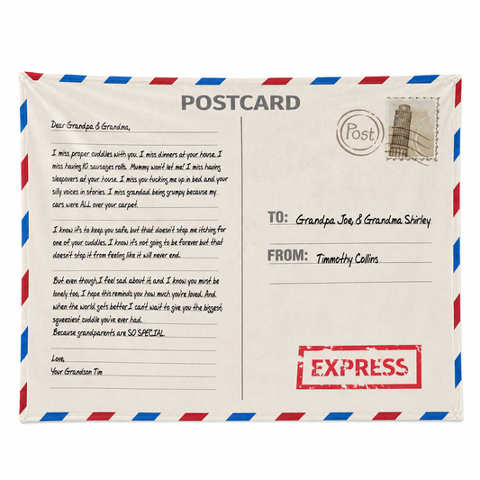 Air mail postcard personalized throw blanket with custom message in vintage fleece design

