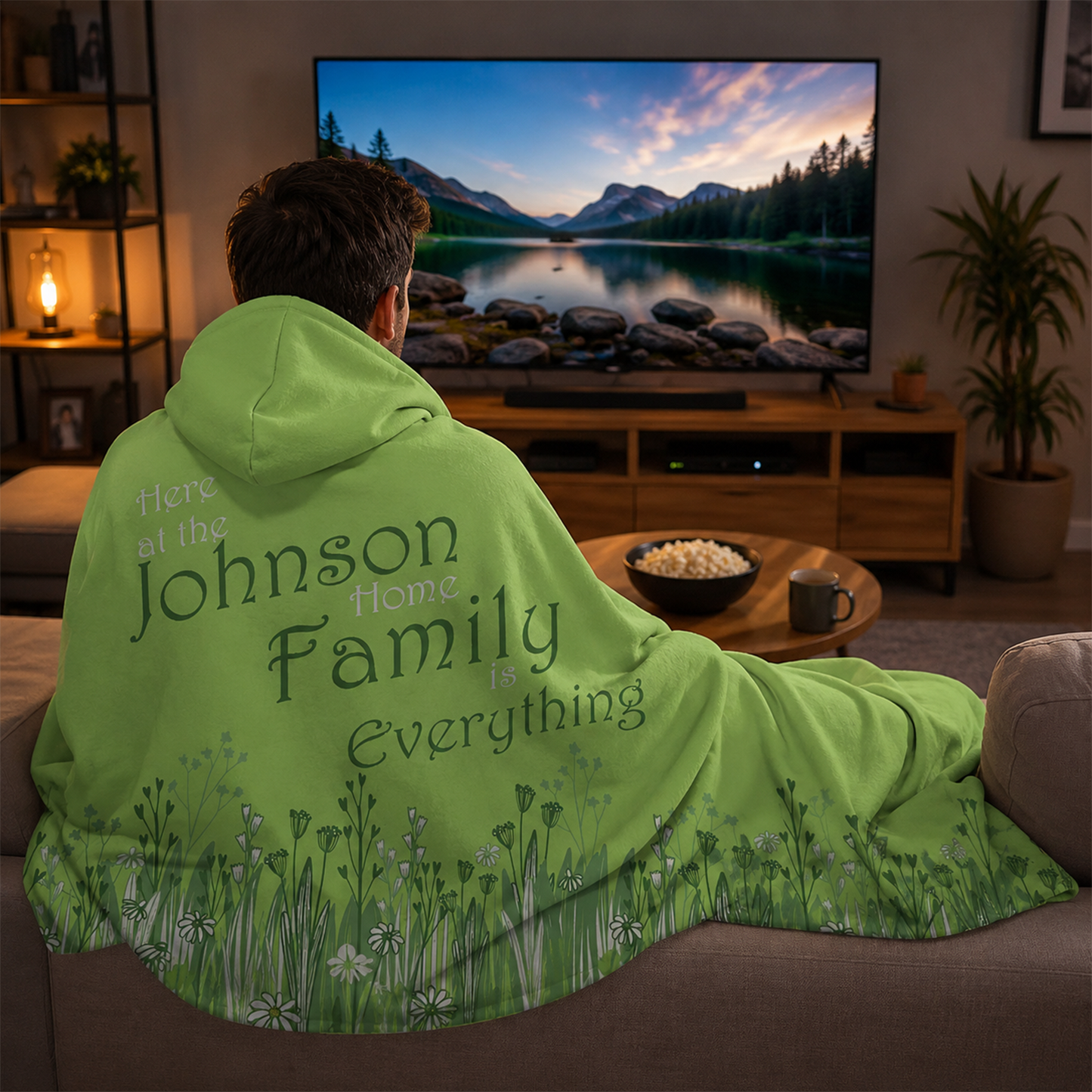 Family member wearing personalized green family name hooded blanket as holiday gift
