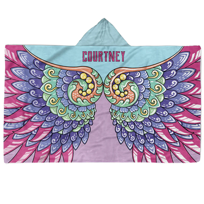 Custom name on whimsical wings Minky fleece hooded wearable blanket for fantasy lovers
