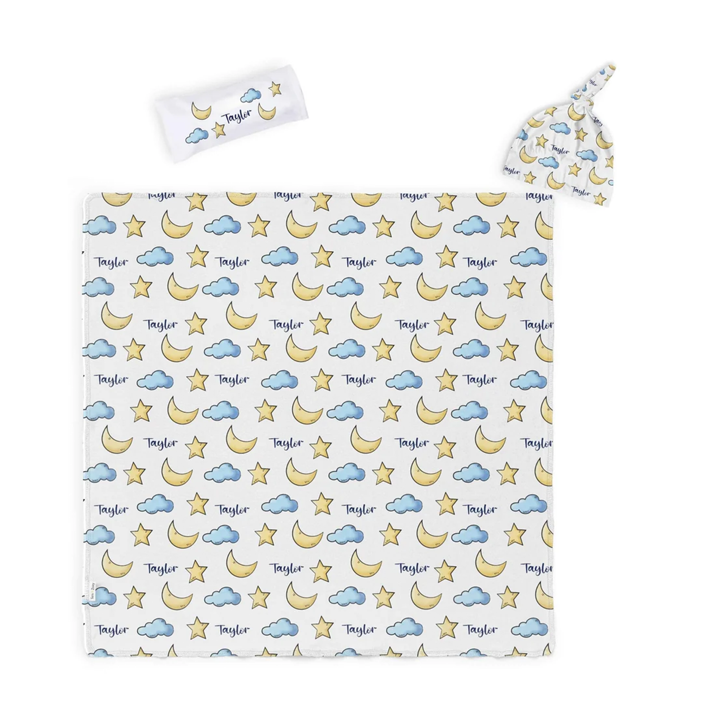 Custom name on moon and stars cotton baby swaddle set with beanie and pouch
