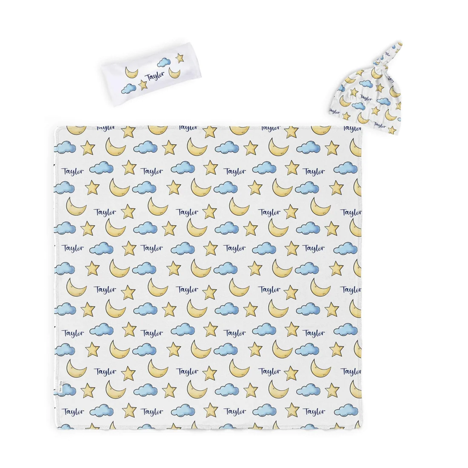 Custom name on moon and stars cotton baby swaddle set with beanie and pouch
