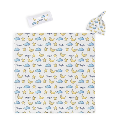 Custom name on moon and stars cotton baby swaddle set with beanie and pouch
