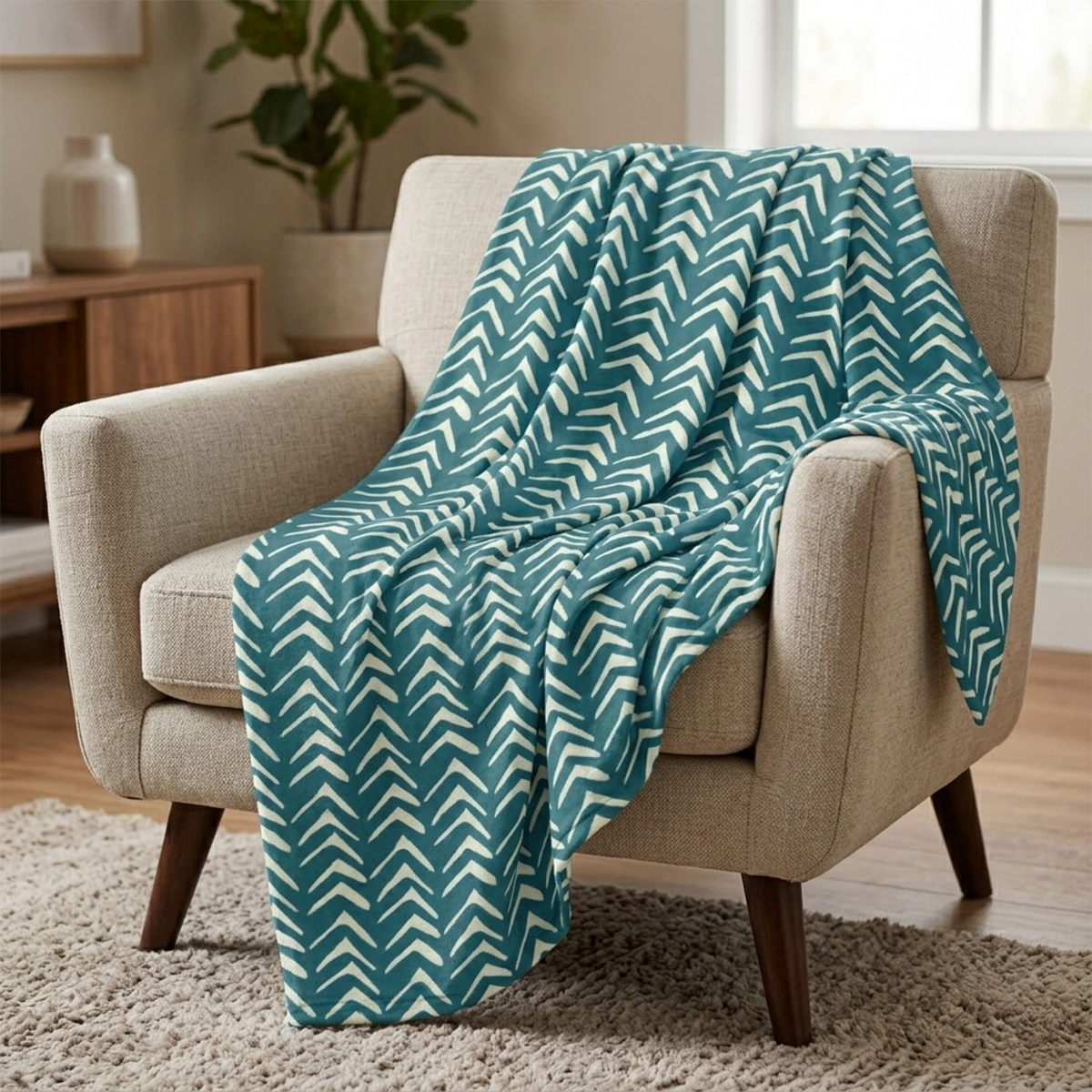 Bold teal tribal polyester fleece throw blanket for boho home decor enthusiasts

