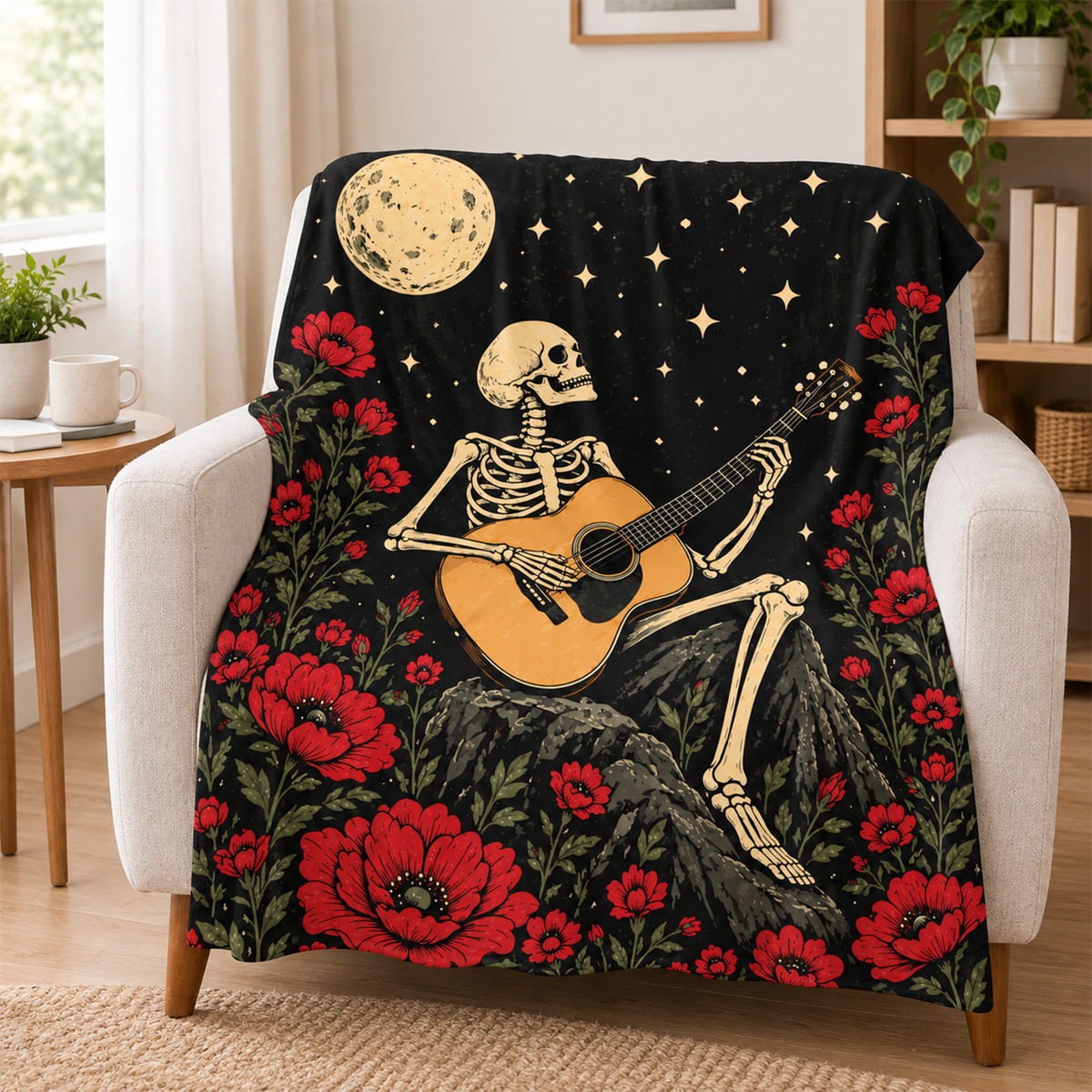 Skeleton Guitar Halloween Throw Blanket | Gothic Floral Music Decor Gift