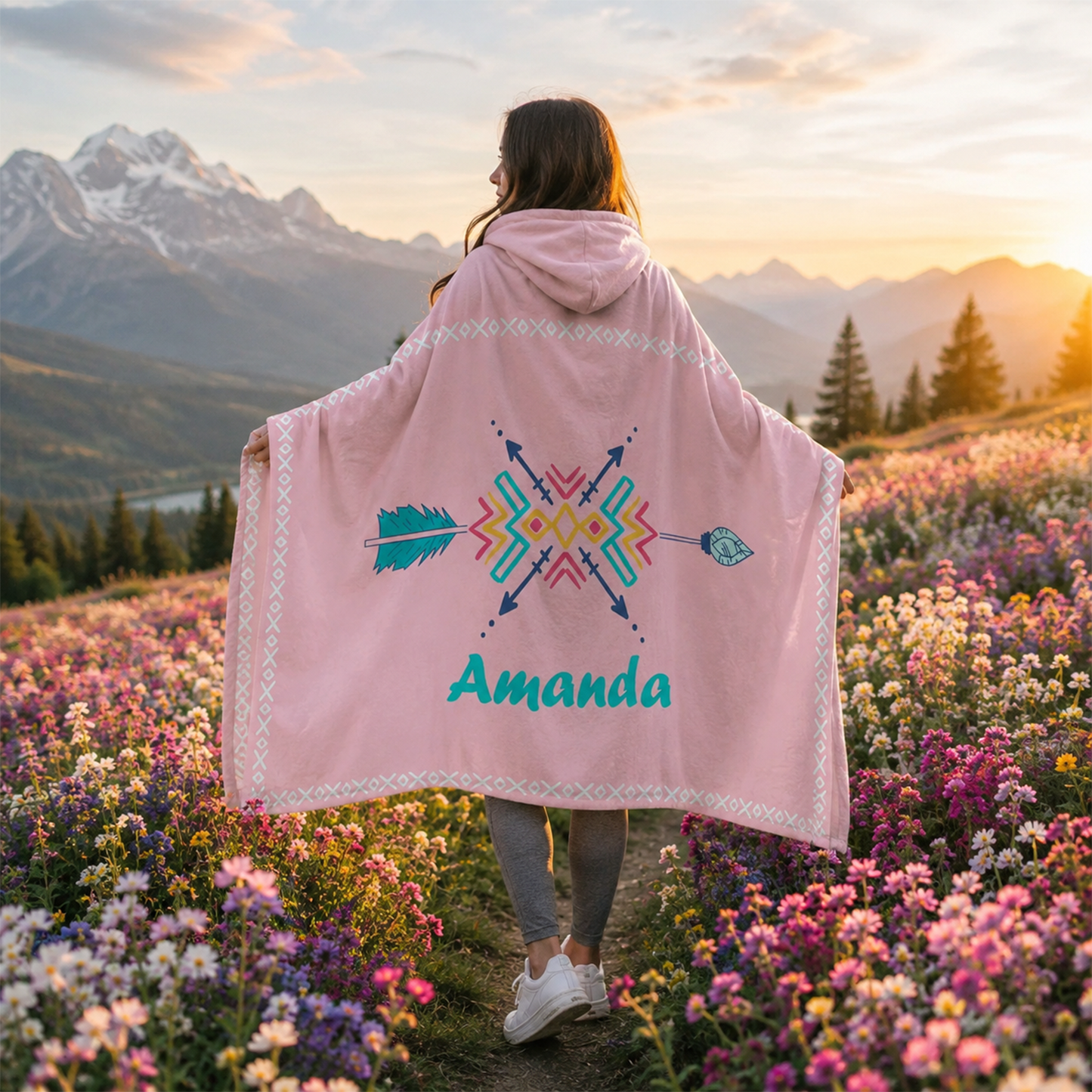 Person wearing personalized shooting star hooded blanket as meaningful birthday gift
