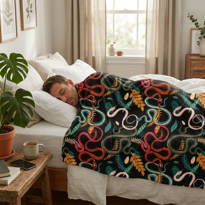 Person wrapped in snakes throw blanket as bold unique housewarming birthday gift
