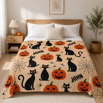 Personalized Halloween Throw Blanket | Custom Name Pumpkin & Black Cat Blanket