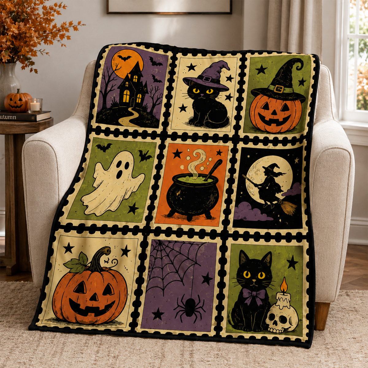 Vintage Jack O Lantern Halloween Woven Throw Blanket for Fall Home Decor