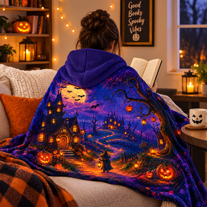 Halloween haunted village hooded blanket draped over shoulders for spooky decor
