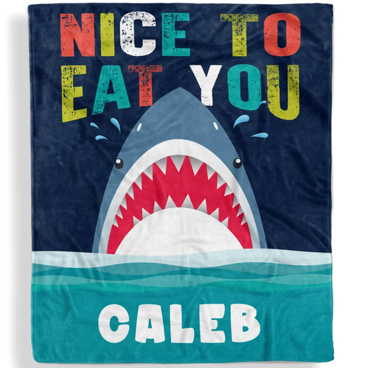 Nice to eat you shark kids throw blanket personalized with custom name in fun fleece
