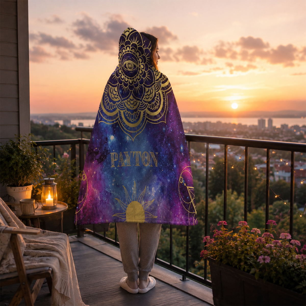 Person wearing personalized eternity hooded blanket as meaningful birthday gift
