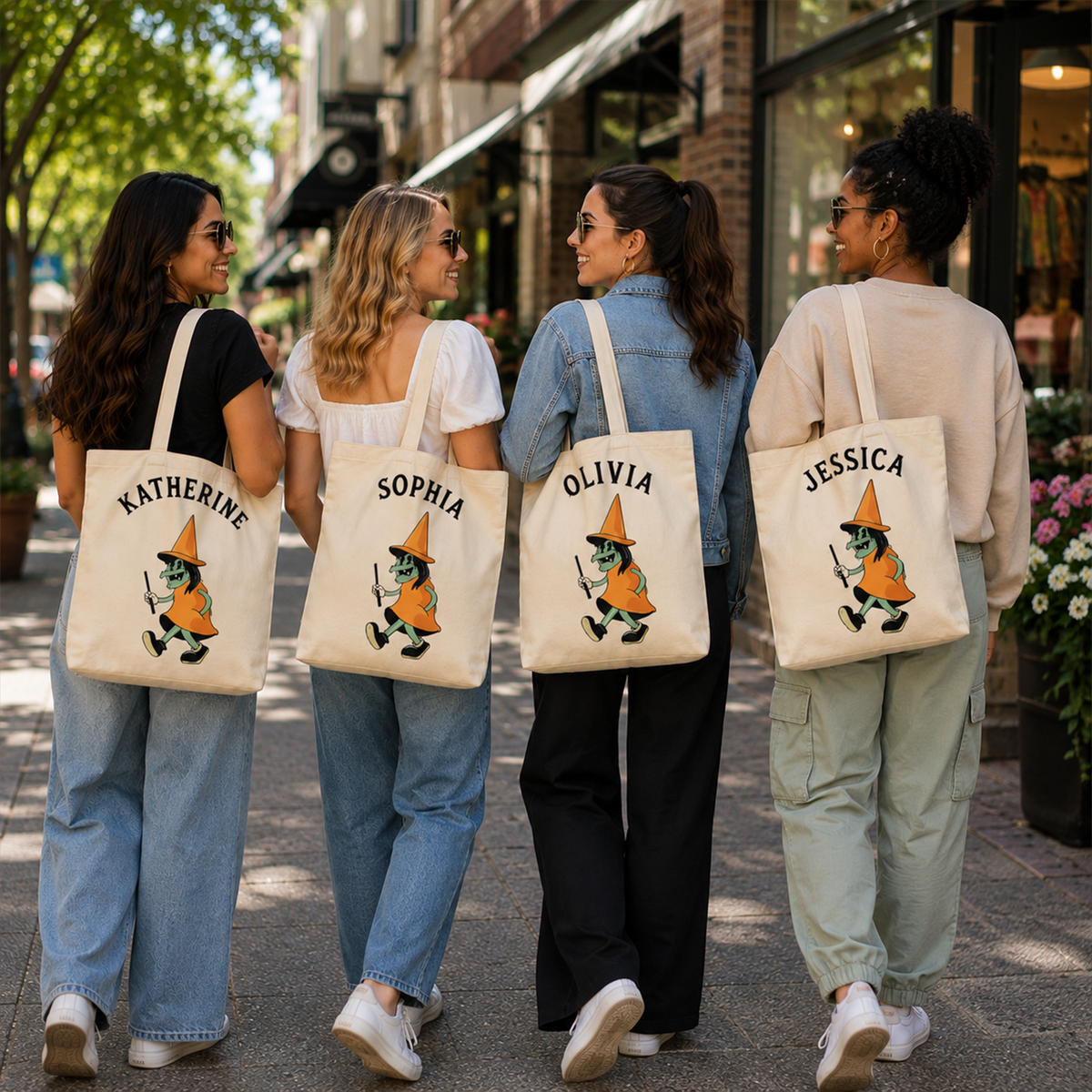 Halloween witch personalized tote bag shown in multiple names options for seasonal gift
