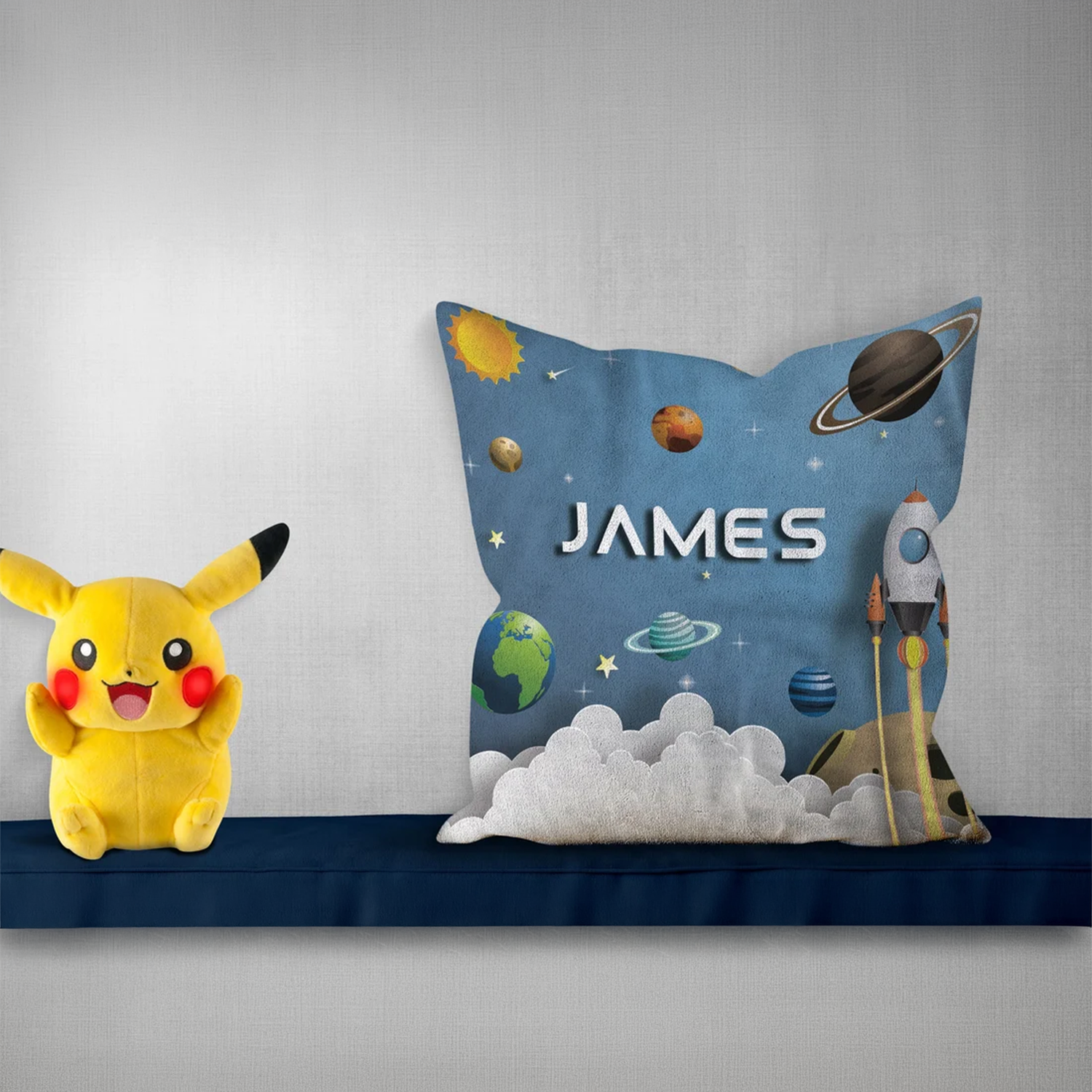 Personalized spaceship throw pillow as birthday gift for space loving kids room
