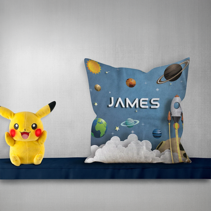 Personalized spaceship throw pillow as birthday gift for space loving kids room

