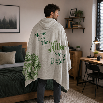 Person wearing personalized family name hooded blanket as meaningful birthday gift

